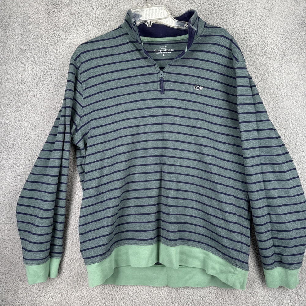 Vineyard Vines 1/4 Zip Pullover Mens Large L/S Green Blue Stripe Sweater Pima